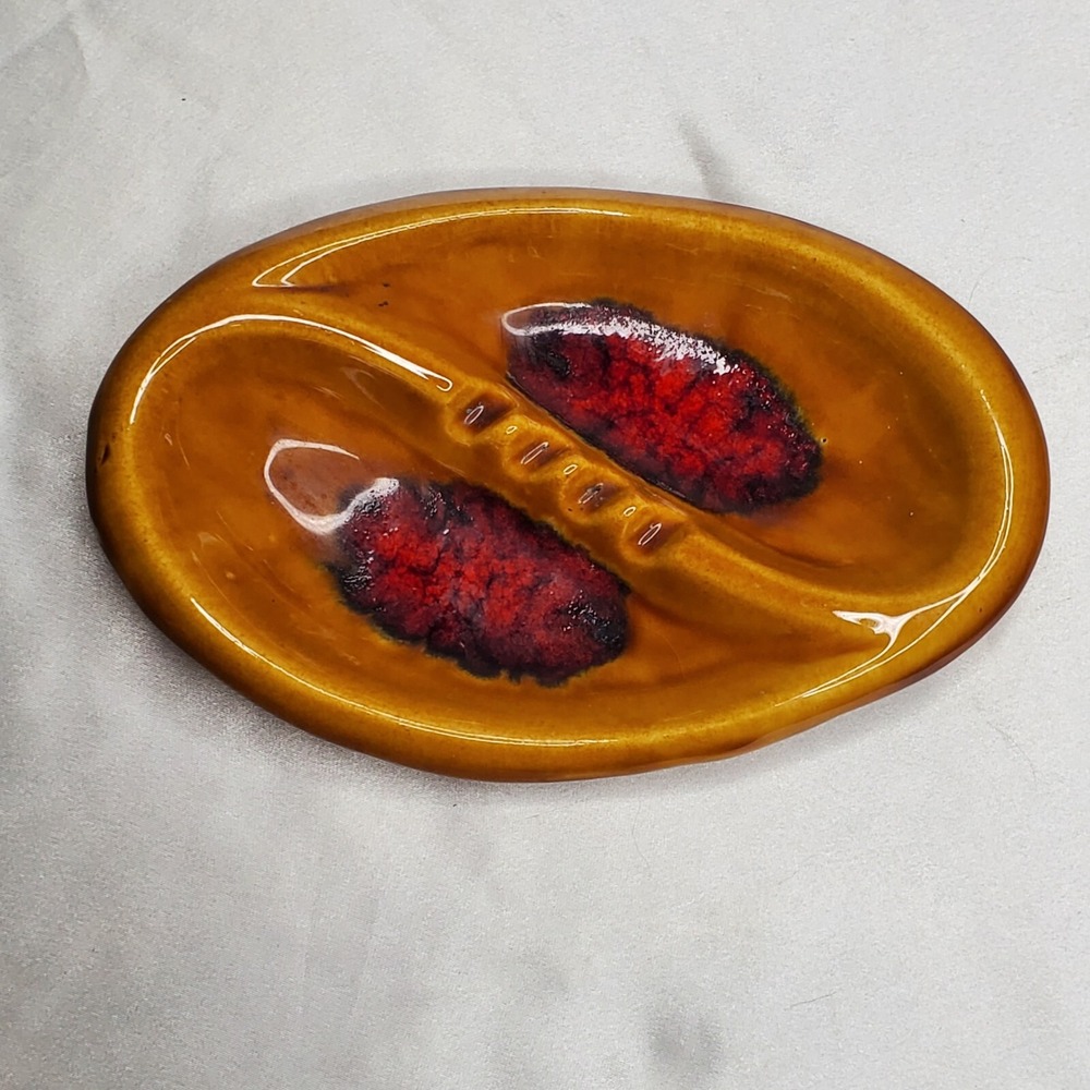 Vintage Marcia California Pottery Ashtray art deco‎ Gold Red Blue Glazed MC 60s